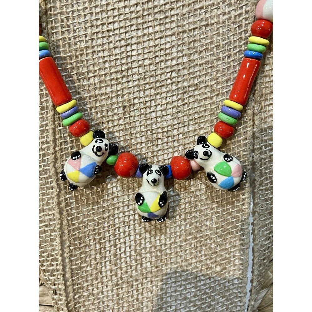 VTG Signed KNOPKE BEARS WITH BEACH BALLS PORCELAIN BEADED NECKLACE Art To Wear